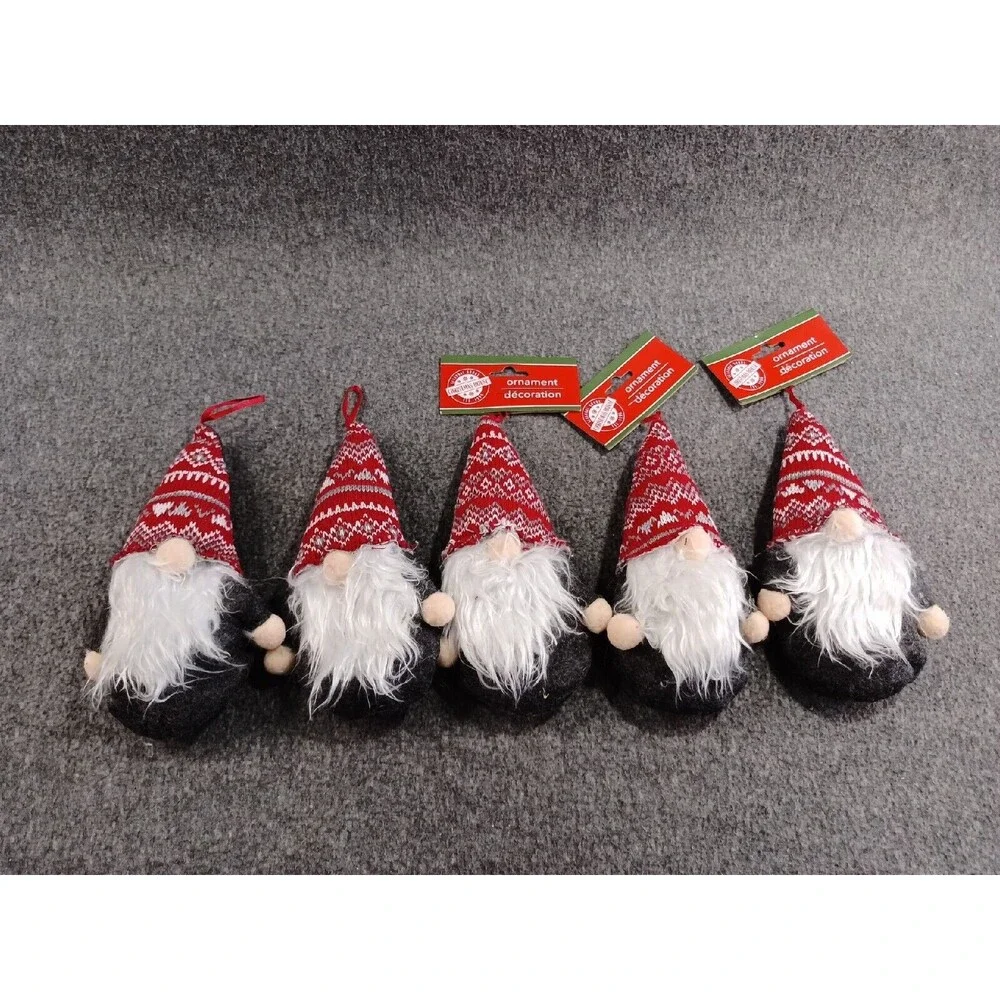 Lot of 5 Plush Christmas Gnomes Hanging Ornaments Decorations Gray With Red Hats